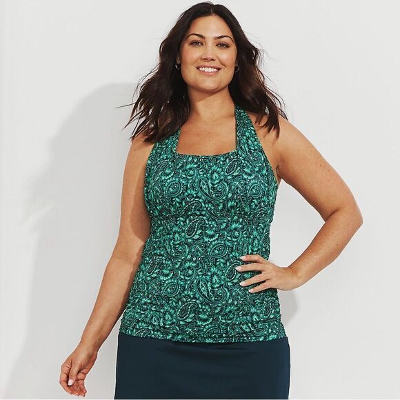 Land's End Plus size square neck halter tankini top soft  navy emerald decor Var - Picture 1 of 5